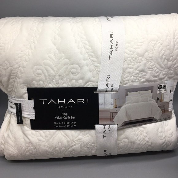 3pc Tahari Ivory Anita Ogee Holland KING Velvet Quilt Pillow Sham Set Designer - Picture 1 of 10